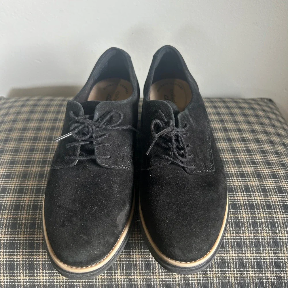Clarks Sharon Dolly Black Suede Wedge‎ Lace Up Oxford Shoes Size 5.5 Black